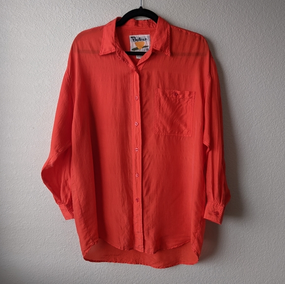 Protest semi-sheer red orange 100% silk button-down blouse - Picture 2 of 8